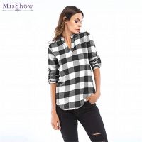 MisShow 5XL Womens Plaid Shirts Casual Notch V Neck Blouse Cuffed Long Sleeve Pullover Soft Tunic Shirt Camisas Beach Sun Tops