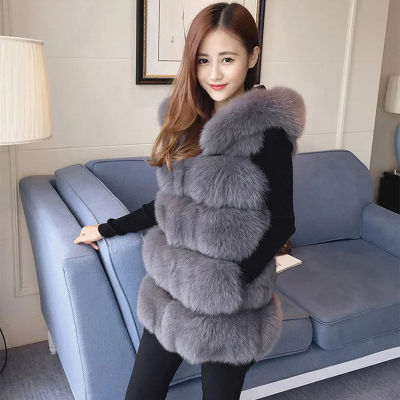 Winter Man-made Fur Winter Coat Warm Vest Korean Solid Hooded Thick Coat Vest Women Fashion Grey White Black Women Clothes