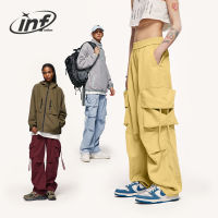 INFLATION Red Mutil Pocket Cargo Wide Leg Pants Unisex Drawstring Waist Straight Leg Track Pant Streetwear