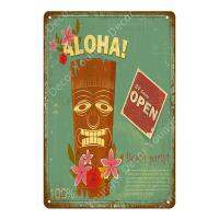 Aloha Tiki โปสเตอร์บาร์ฮาวายตกแต่งปาร์ตี้วินเทจสติกเกอร์ติดผนังแผ่นโลหะประดับตกแต่งศิลปะบนผนังโต้คลื่นชายหาดป้ายดีบุกโลหะ