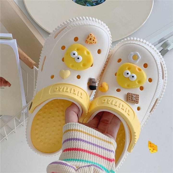 july-cloth-students-fashion-outerwear-baotou-slippers-summer-cute-cheese-thick-bottom-non-slip-contrast-hole-shoes-women