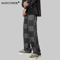 MAYCHEER กางเกงยีนส์ผู้ชายลายสก๊อต,กางเกงยีนส์ Jacquard ย้อนยุคกางเกงลำลองทรงตรงหลวม