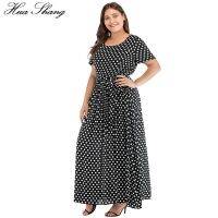 Dress Women Summer Short Sleeve Polka Dot Print Boho Beach Dresses Belted Ladies Tunic Loose Oversized Maxi Long Dress