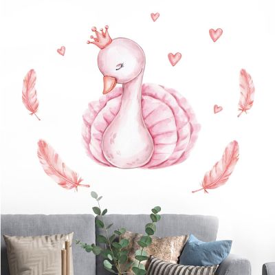 Cute Pink Swan Removable Wall Stickers for Baby Bedroom Nursery Kids Room Home Decor Shop Window Showcase Self-adhesive Decals