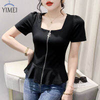 YIMEI เสื้อยืดสีดำทรงสลิมฟิตและเพรียวบางสำหรับผู้หญิงเสื้อคาร์ดิแกนมีซิปใหม่สำหรับ2023ฤดูร้อนเสื้อยืดแฟชั่นคลาสสิกของผู้หญิงเสื้อเชิ้ตตัวเล็กผ้าฝ้าย