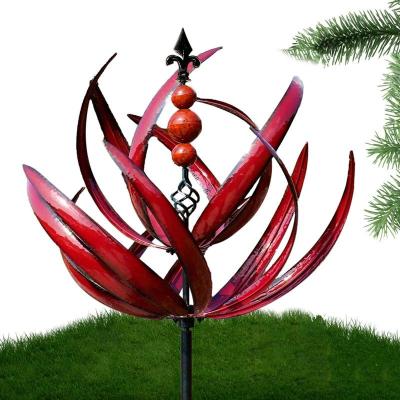 Wind Garden Spinners โลหะ UV ทน360องศาหมุนได้ Lotus Garden Art Red Paths Stakes สำหรับสนามหญ้าเครื่องประดับ Patio Display