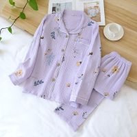 2023 new spring and autumn ladies pajamas 100% cotton long-sleeved home wear purple lavender simple pajamas set women plus size