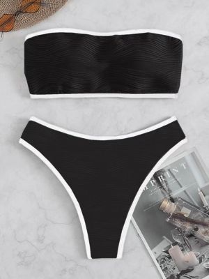 hotx 【cw】 Contrast Binding Bandeau Bikinis 2023 Thong Swimsuit Push Up Swimwear Female Bathing Beachwear