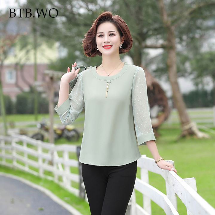 BTB.WO Chiffon 3/4 Sleeve Mother Tops Pullover women clothing T-Shirts  Elastic Plus Size Middle Age Women Shirt