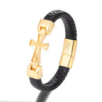 Genuine Leather Bracelet Men Gold Color Cross Handmade Punk Jewelry Charm Bracelets Luxury Magnetic Clasp Bangles Wholesale Gif