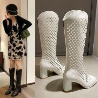 【Ready】? hoow boots womens summer boots 23 new v-mouth mesh boots long t kght boots thick heel high heel s