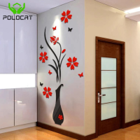 3D ที่ถอดออกได้ Art แจกันพลัมอะคริลิคคริสเตอริโอคริสตัลสติ๊กเกอร์ติดผนัง Home DIY Decoration