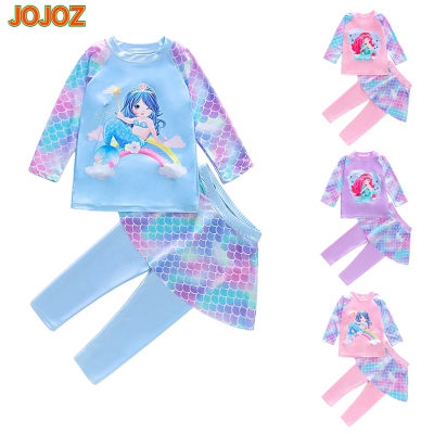 JOJOZ 2ชิ้นการ์ตูนชุดว่ายน้ำแยกชิ้นเด็กผู้หญิงเสื้อกางเกงขายาวนางเงือกแขนยาวชุดว่ายน้ำแห้งเร็วครีมกันแดดชายหาด