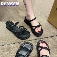 RENBEN เค้กฟองน้ําหนา soled รองเท้าแตะผู้หญิงด้านนอกสวมใส่ฤดูร้อนใหม่สไตล์เกาหลีแฟชั่นที่เรียบง่ายหนึ่งคําลิ่มรองเท้าแตะและรองเท้าแตะส V725