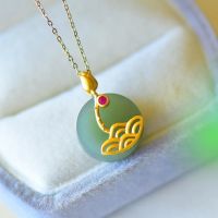 【CW】 Original new ancient gold craftsmanship inlaid lotus and Hetian jade necklace pendant Chinese style ladies