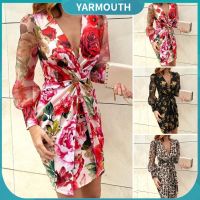 COD DSFGREYTRUYTU yyr--Deep V-neck Mesh Long Sleeve High-Waist Hip Wrap Chiffon Dress Vivid Floral Print Waist Knot Bodycon Dress Party Clothing