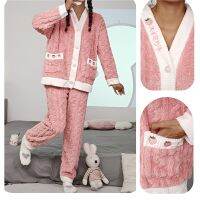 Strawberry Women Pajamas Set Winter Sleepwear Fleece Velvet 2 Piece Pant Home Suit Fluffy Button Cute Warm NightWear New