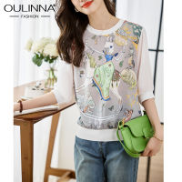 OULINNA เสื้อคอกลมแขนสั้นผู้หญิง,เสื้อยืดแขนครึ่งพอดีตัวใหม่ฤดูร้อนการพิมพ์รายละเอียดสูง