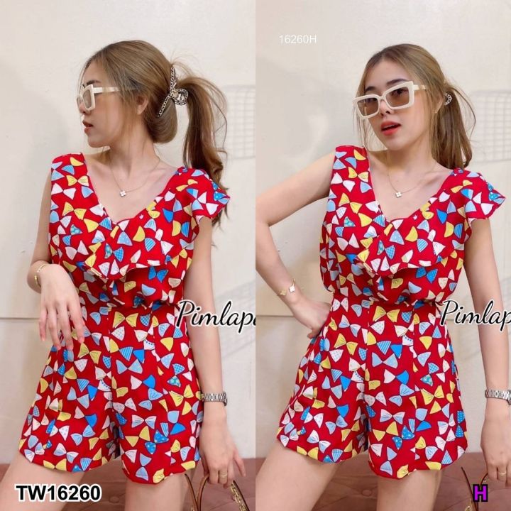 tw16260-set-2-ชิ้น-เสื้อ-คอวี-ระบายด้านหน้าและด้านหลัง