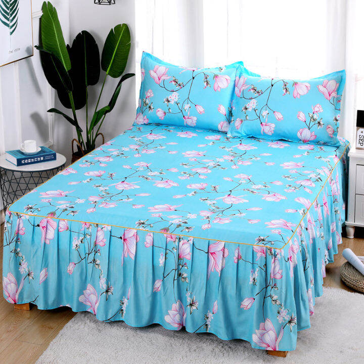 3pcsset-korean-brushed-printed-bed-skirt-bed-cover-student-dormitory-non-slip-sheet-cover-bedroom-3d-lace-bed-skirt-bedding