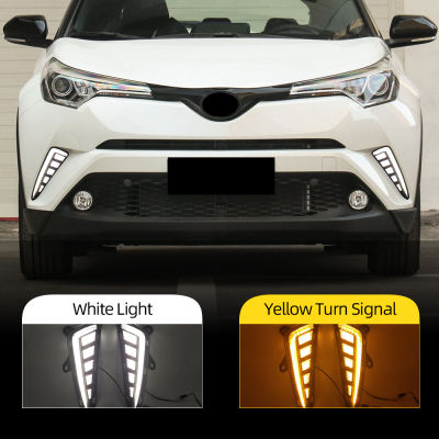 2PCS Car LED DRL Daytime Running Light For Toyota C-HR CHR 2016 2017 2018 2019 with dynamic Yellow Turn Signal fog lamp