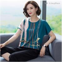 COD DSFDGDFFGHH Ice silk printed round neck T-shirt womens 2022 summer clothes new large middle-aged mothers loose belly covering foreign style top fashion