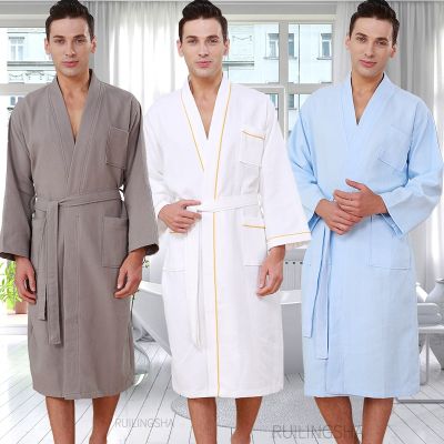 TOP☆Men 100% Cotton Kimono Sweat Towel Bathrobe Summer Plus Size Waffle Bath Robe Mens Robes Hotel Sleepwear For Women Dressing Gown