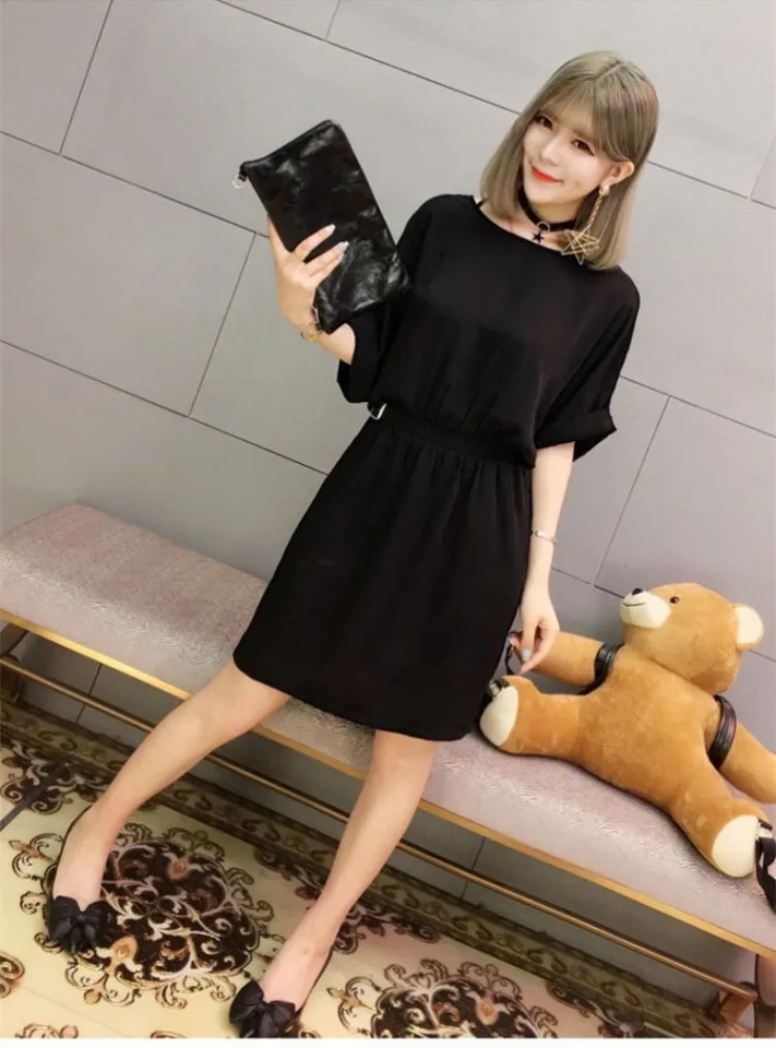 Large Size Fat Girl Belly Covering High-Grade Sense Full Body Dress Summer  Clothing Batwing Sleeve Waist Hugging Slimming Design Sense Niche Skirt