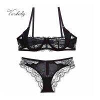 (Xianle Clothing) Varsbaby Sexy Ultra-Thin Floral Lace Half Cup Transparent Bra Set 1 Bra 1Panty 2psc