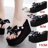 6/8/11cm Super High Heel Flip Flop Handcrafted Pearl Bow Slip on Seaside Slides Holiday Travel Fashion Womens Black Beach Shoes