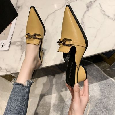 ♕ Pointed Low Heels Thick Heel Half-Wear Womens Shoes Cover Ankle Muller Korean Version Fashion Lazy