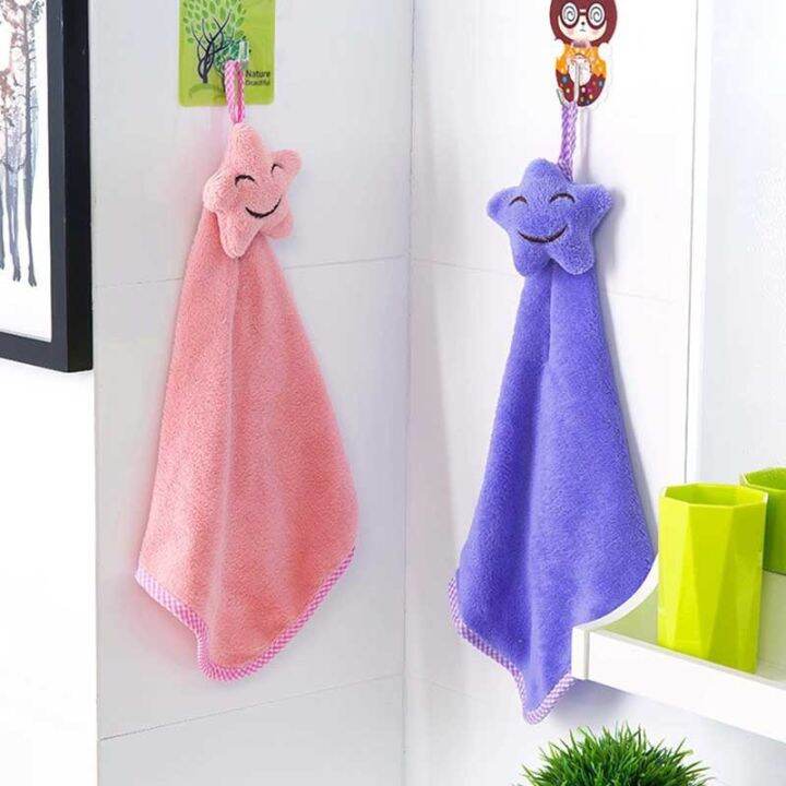 smiling-star-face-hanging-hand-towels-kitchen-coral-velvet-absorbent-dishcloths