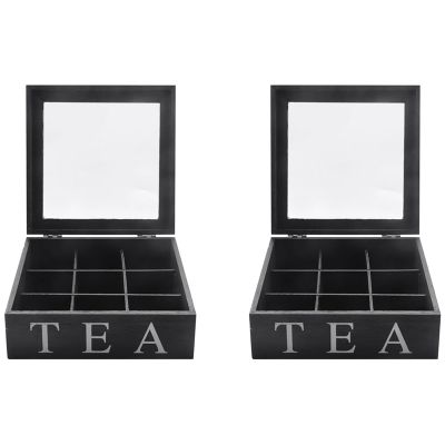 2X Wooden 9 Grids Tea Box Tea Bags Container Storage Box Square Gift Box Case Transparent Top Lid Black