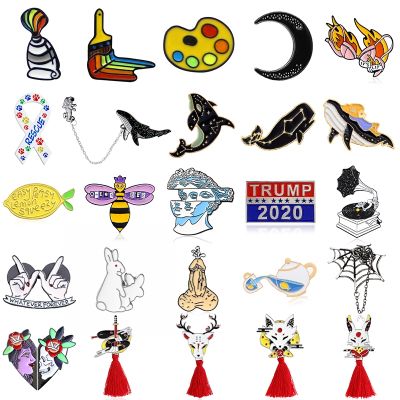 30 Style Animal Brooches Rabbit Whale Shark Painting tool AIDS Ribbon Snake Deer Fox Cat tassel Enamel Pin Badge Jewelry Kids