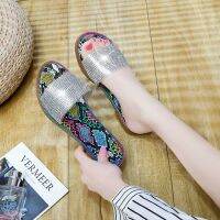 2022 Summer Womens Shiny Diamond Flats Outdoor Slippers Fashion Casual Slippers Fashion Casual Outing Slippers Large Size 35-43