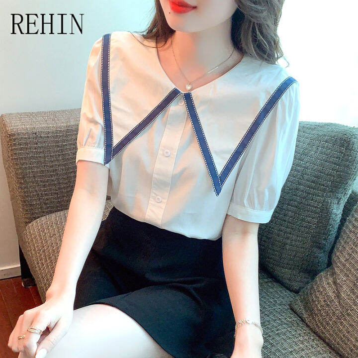 rehin-เสื้อสไตล์เกาหลีแบบใหม่แขนพองหวานสำหรับผู้หญิง-เสื้อแขนสั้นดีไซน์แบบหลวมคอตุ๊กตาแฟชั่นฤดูร้อน