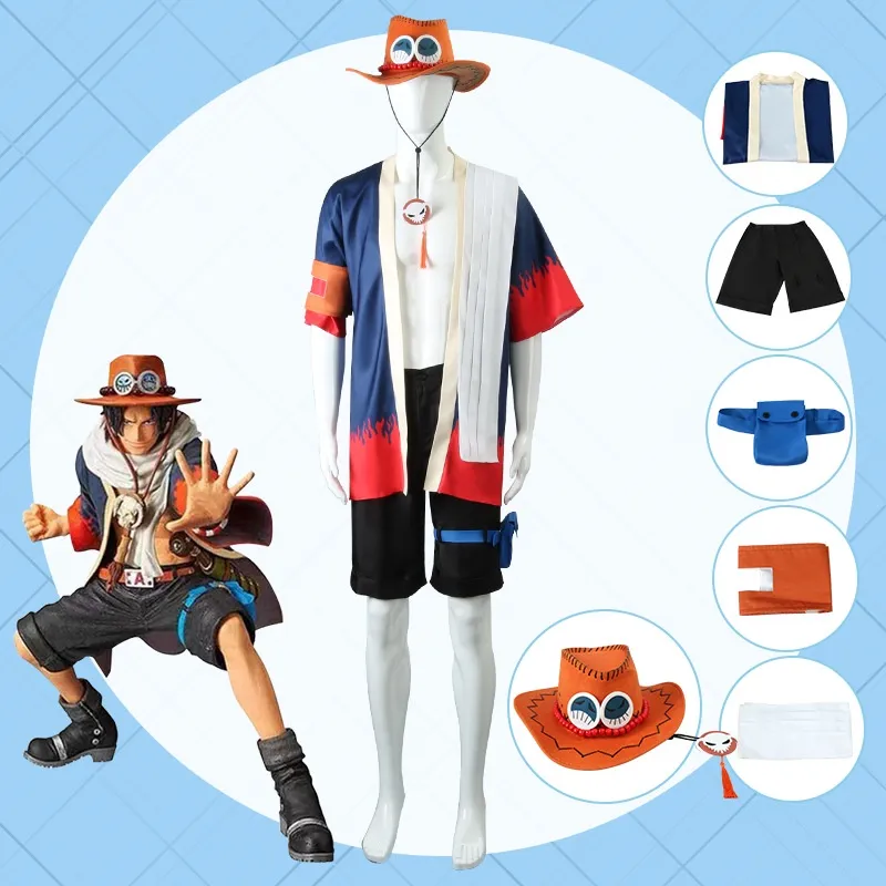 One Piece Portgaz D. Ace Cosplay Costume Set with Ace Cowboy Hat Halloween  Costume for Man 