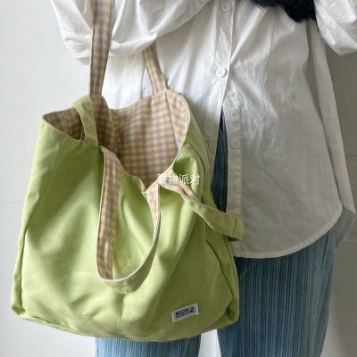 ☼ New Plaid Double Sided Canvas Bag Tote Bag Ins Large Capacity Hand Shoulder Bag Women