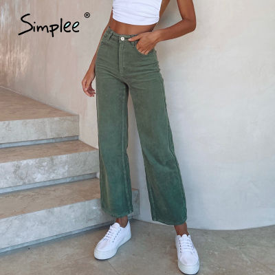 Simplee Cotton casual corduroy women long pants autumn winter Office button wide-legged trousers Fashion mid waist ladies bottom