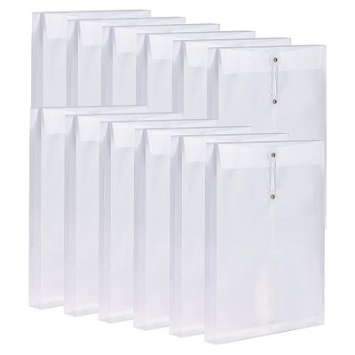 12 Pack Clear Plastic Envelopes Poly Envelopes Expandable Files Document Folders with Button &amp; String Tie Closure A4