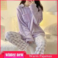 ◕ 2022 Autumn Winter Pajamas Set Women Sleep Shirt Pant Set Sleepwear Warm Flannel Nightgown Female Long Sleeve Chessboard Pijamas