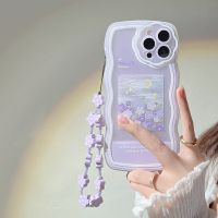 Wave Border Oil Painting Flowers Purple Chain Phone Case For IPhone 14 Plus 13 12 Pro 11 Pro Max XR XS Max Cute Protection Cover Drawing Painting Supp