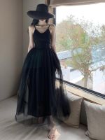 【HOT】☽ Sleeveless Mesh A-line V Neck Pleated Sundress Evening Gown