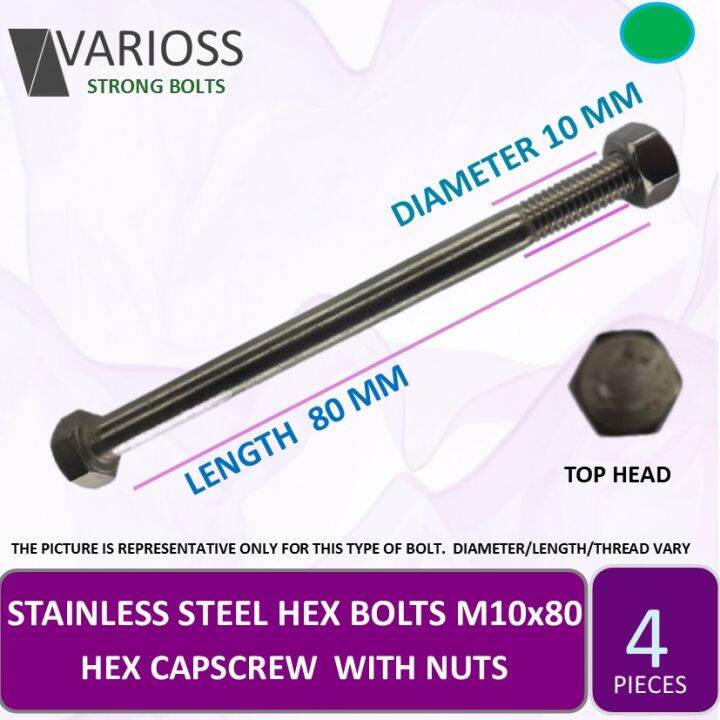SS Hex Bolts M10X80 mm 4 pcs, 10 mm diameter x 80 mm length