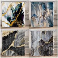 Abstract Marble Shower Curtains Black Grey Textured Gold Line Pattern Modern Polyester Fabric Bathroom Decor Bath Curtain hooks