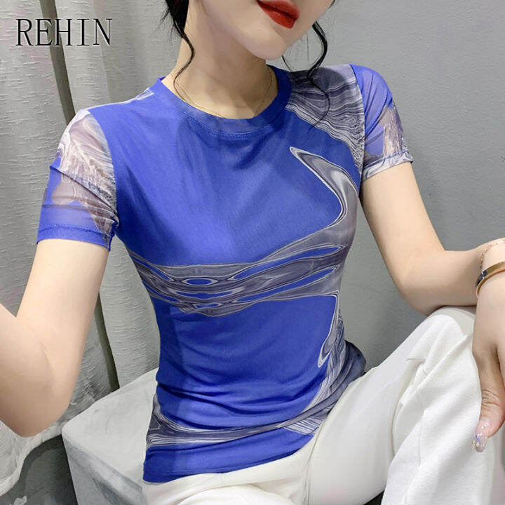 rehin-ผู้หญิงฤดูร้อนแฟชั่นตาข่ายพิมพ์ดอกไม้แขนสั้นเสื้อยืด-v-คอ-slim-และบาง-elegant-s-3xl-เสื้อ