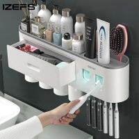 IZEFS Magnetic Adsorption Inverted Toothbrush Holder Toothpaste Dispenser Storage Rack Accessories Set