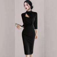 Autumn and Winter New Korean Style Fashionable Elegant Skimming Small Black Dress Stand Collar Design