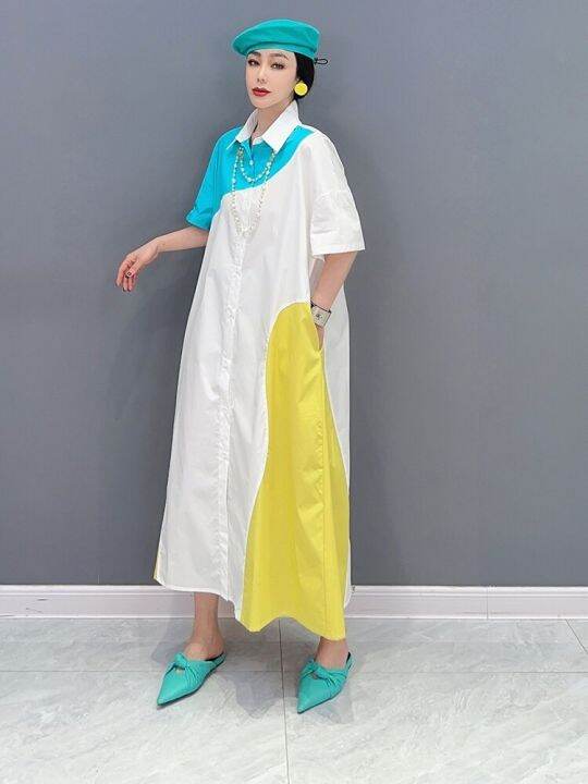 xitao-shirt-dress-casual-loose-fashion-contrast-color-women-shirt-dress