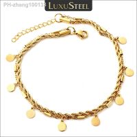 LUXUSTEEL Double Layer Coin Disc Pendant Anklets Gold Colour Stainless Steel Anti-allergic Rope Chain Leg Foot Bracelet Jewelry